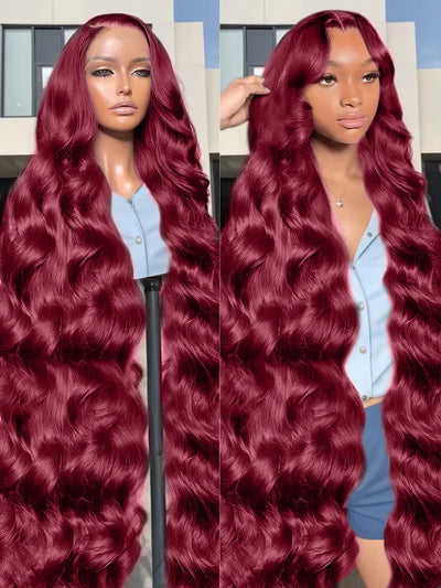 200% Body Wave Wig Burgundy 9Frontal Wig Human Hair 9J Lace Front Wig 13x4 13x6 HD Lace Frontal Wig Human Hair Pre Plucked 99j Red Colored Wig - Lux By Latiks
