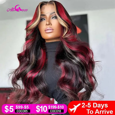 Black Red Blonde Highlight Wig Human Hair 13X4 Transparent Lace Front Human Hair Wigs Pre Plucked 180% Density Highlight Red Wig - Lux By Latiks