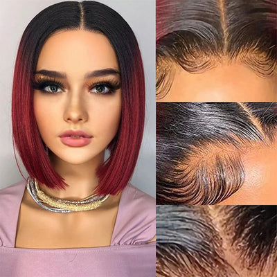 1B/99J Burgundy Short Straight Bob Human Hair Wigs Brazilian Lace Front Human Hair Wigs Pre Plucked T Part Lace Wigs Remy Hair - Lux By Latiks